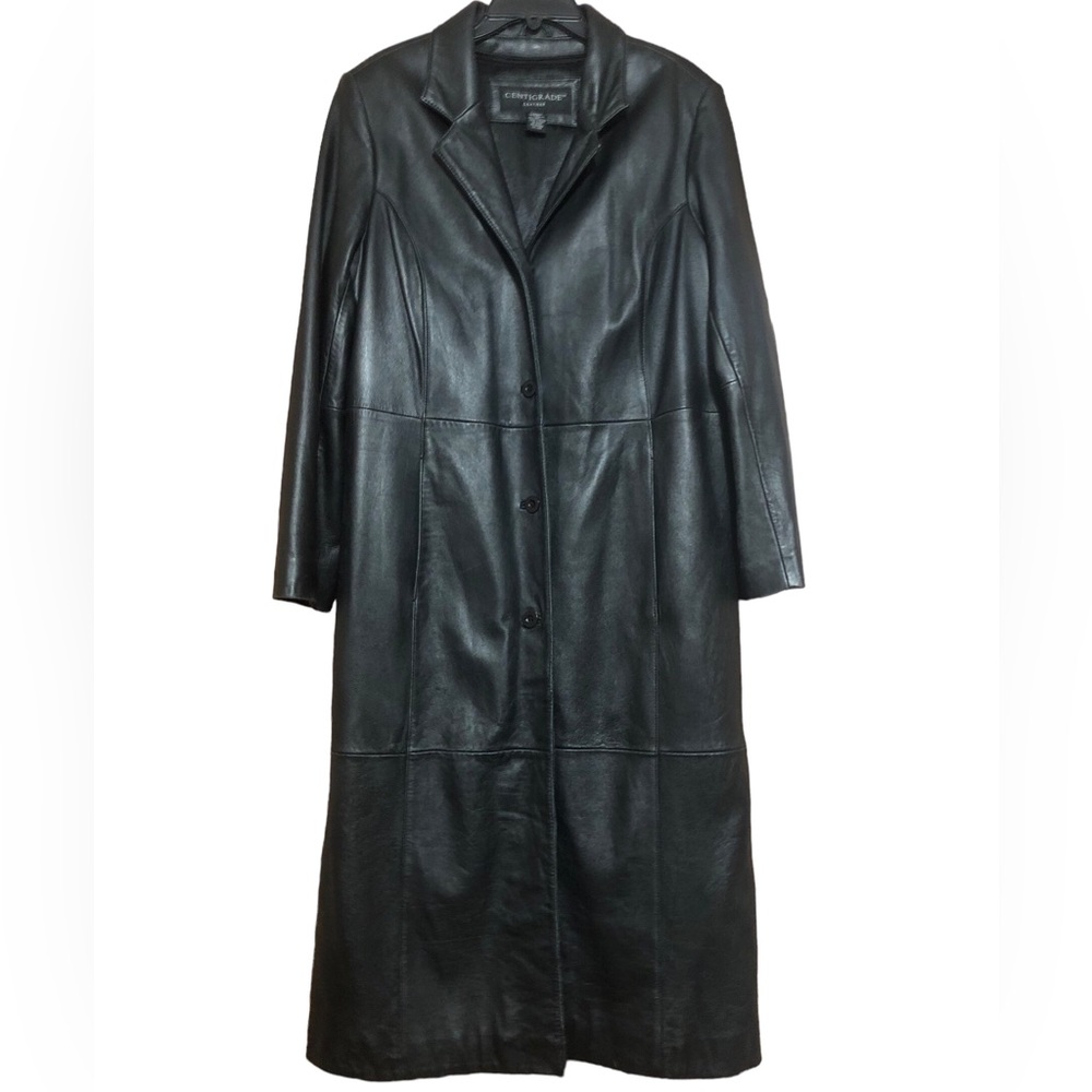 Centigrade Vintage Leather Trench Coat Jacket Black Lined Pockets Duster Medium